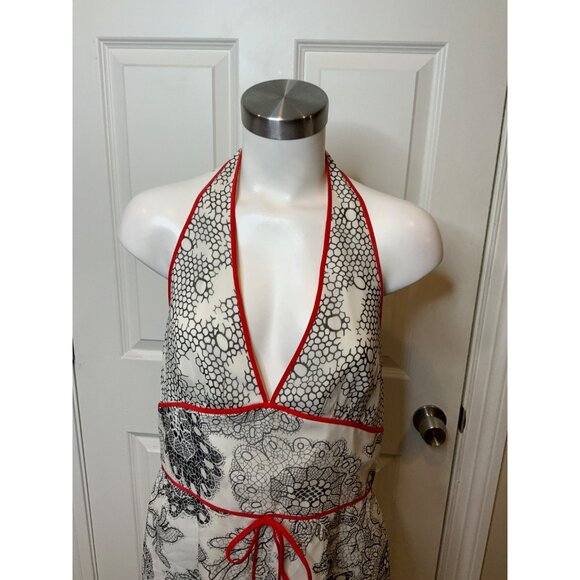 Kay Unger Black & White Floral Geometric Halter Dress W/ Red Piping, Size 12 - Picture 2 of 8